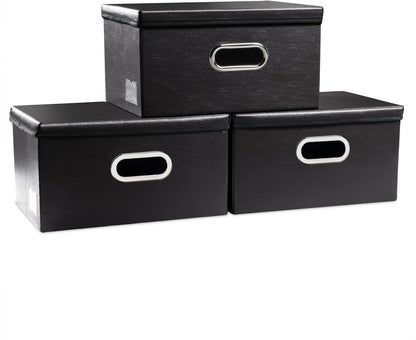 Large Collapsible Storage Bin with Lid Leather Fabric Foldable Storage Box Organizer Containes Basket Cube with Cover for Home Bedroom Closet Office Nursery Black (17.7x11.8x11.8)