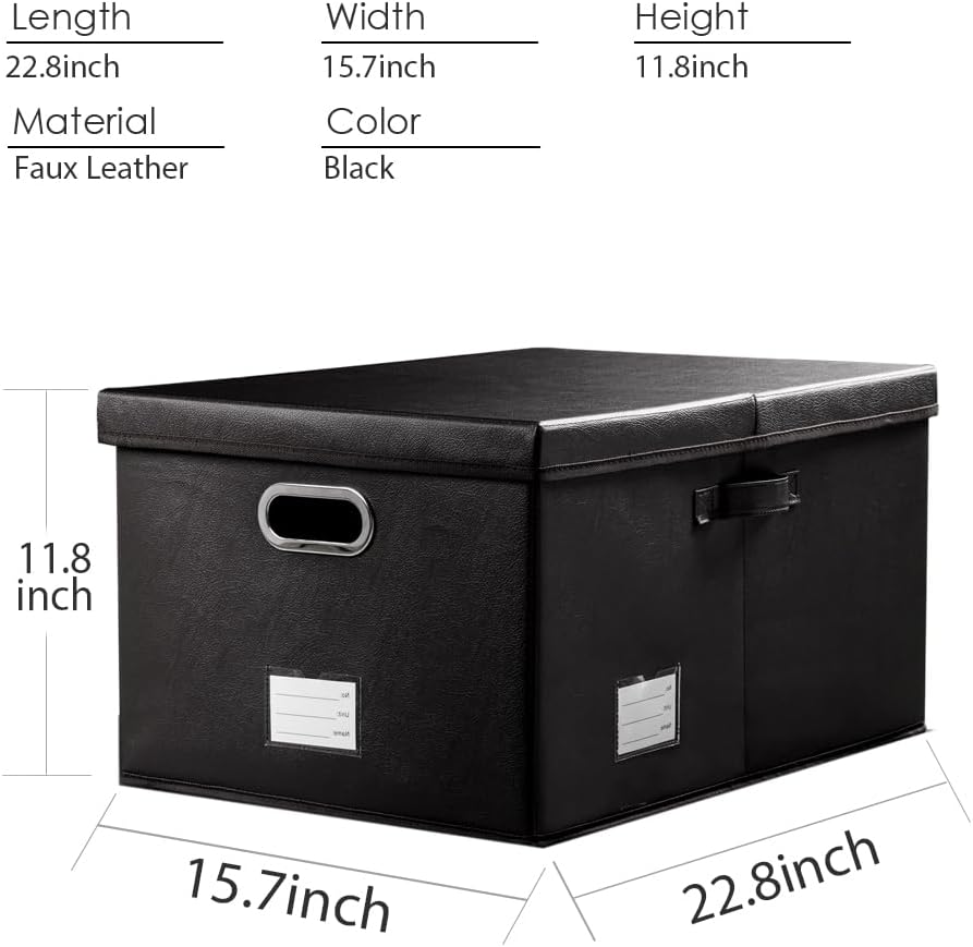 Large Collapsible Storage Bin with Lid Leather Fabric Foldable Storage Box Organizer Containes Basket Cube with Cover for Home Bedroom Closet Office Nursery Black (17.7x11.8x11.8)