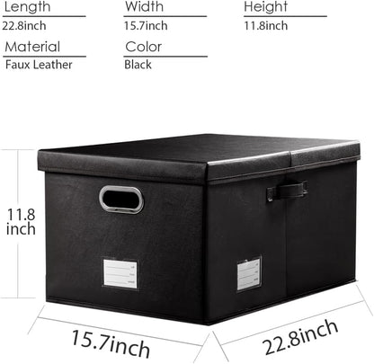 Large Collapsible Storage Bin with Lid Leather Fabric Foldable Storage Box Organizer Containes Basket Cube with Cover for Home Bedroom Closet Office Nursery Black (17.7x11.8x11.8)