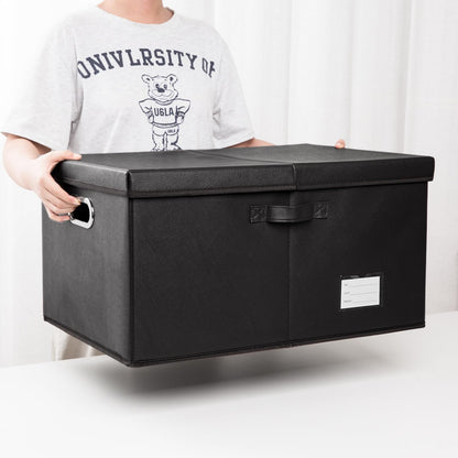 Large Collapsible Storage Bin with Lid Leather Fabric Foldable Storage Box Organizer Containes Basket Cube with Cover for Home Bedroom Closet Office Nursery Black (17.7x11.8x11.8)
