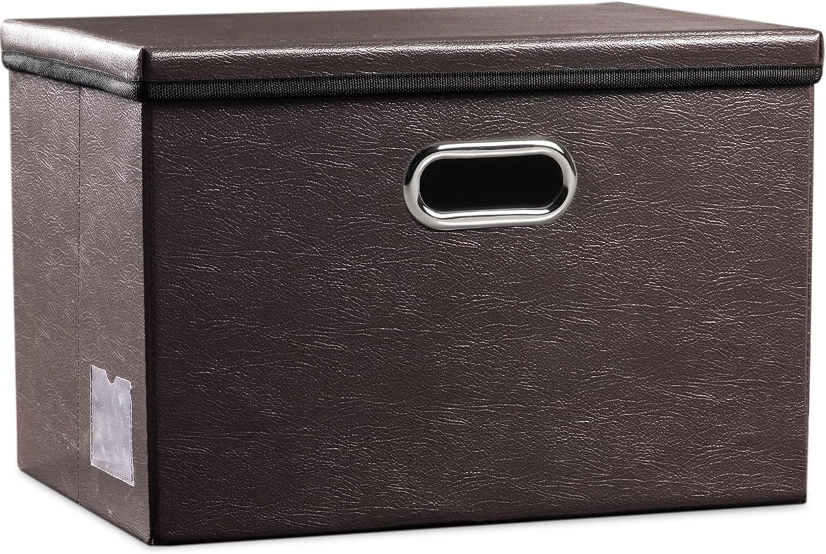 Large Collapsible Storage Bin with Lid Leather Fabric Foldable Storage Box Organizer Containes Basket Cube with Cover for Home Bedroom Closet Office Nursery Black (17.7x11.8x11.8)