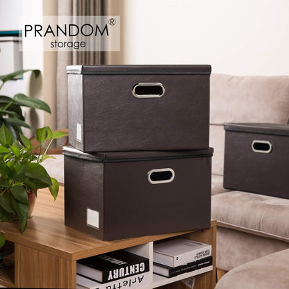 Large Collapsible Storage Bin with Lid Leather Fabric Foldable Storage Box Organizer Containes Basket Cube with Cover for Home Bedroom Closet Office Nursery Black (17.7x11.8x11.8)