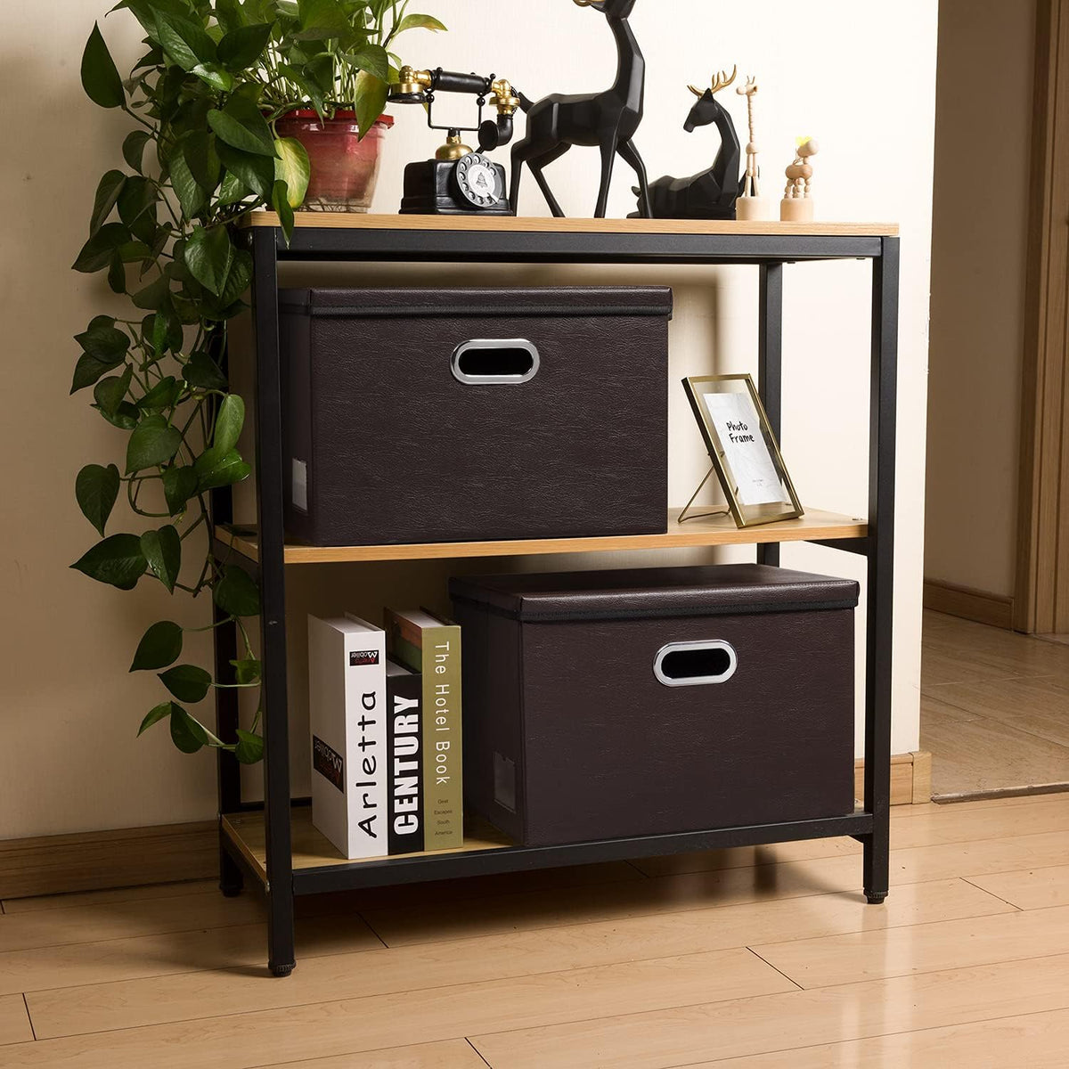 Large Collapsible Storage Bin with Lid Leather Fabric Foldable Storage Box Organizer Containes Basket Cube with Cover for Home Bedroom Closet Office Nursery Black (17.7x11.8x11.8)