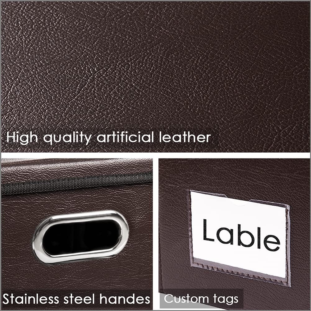 Large Collapsible Storage Bin with Lid Leather Fabric Foldable Storage Box Organizer Containes Basket Cube with Cover for Home Bedroom Closet Office Nursery Black (17.7x11.8x11.8)