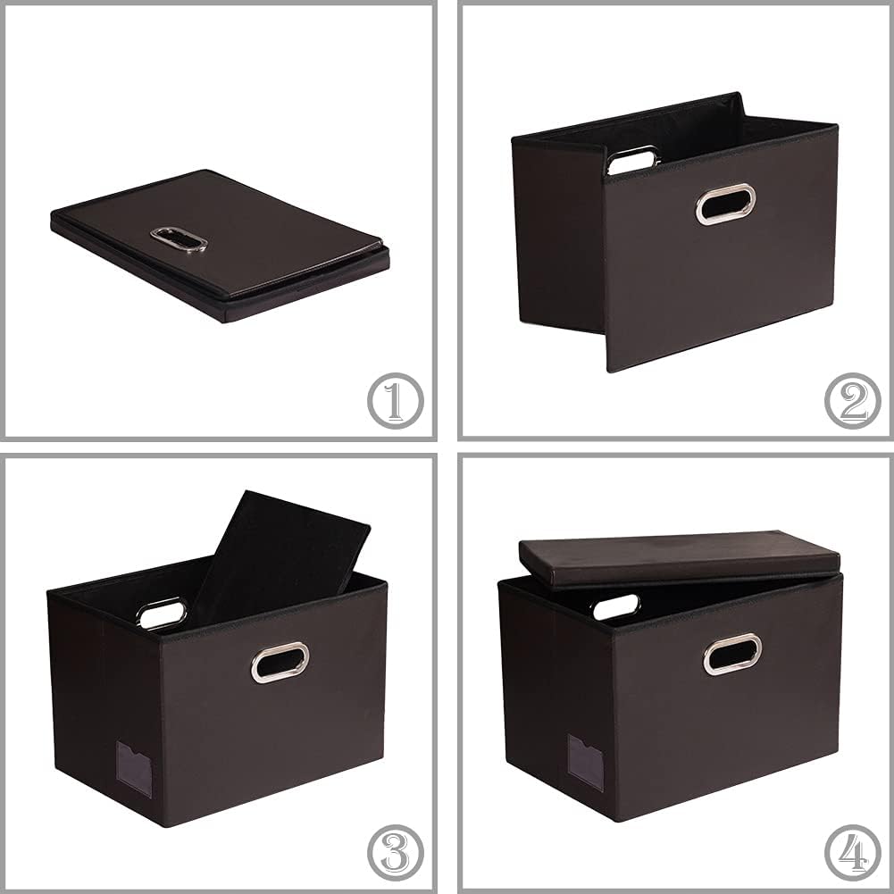 Large Collapsible Storage Bin with Lid Leather Fabric Foldable Storage Box Organizer Containes Basket Cube with Cover for Home Bedroom Closet Office Nursery Black (17.7x11.8x11.8)