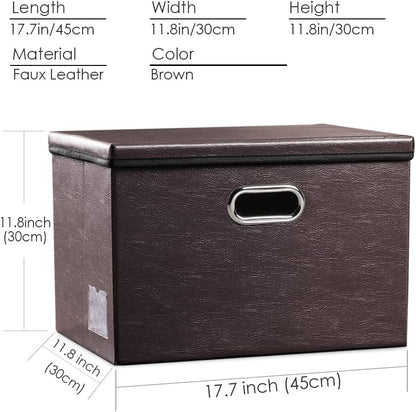 Large Collapsible Storage Bin with Lid Leather Fabric Foldable Storage Box Organizer Containes Basket Cube with Cover for Home Bedroom Closet Office Nursery Black (17.7x11.8x11.8)
