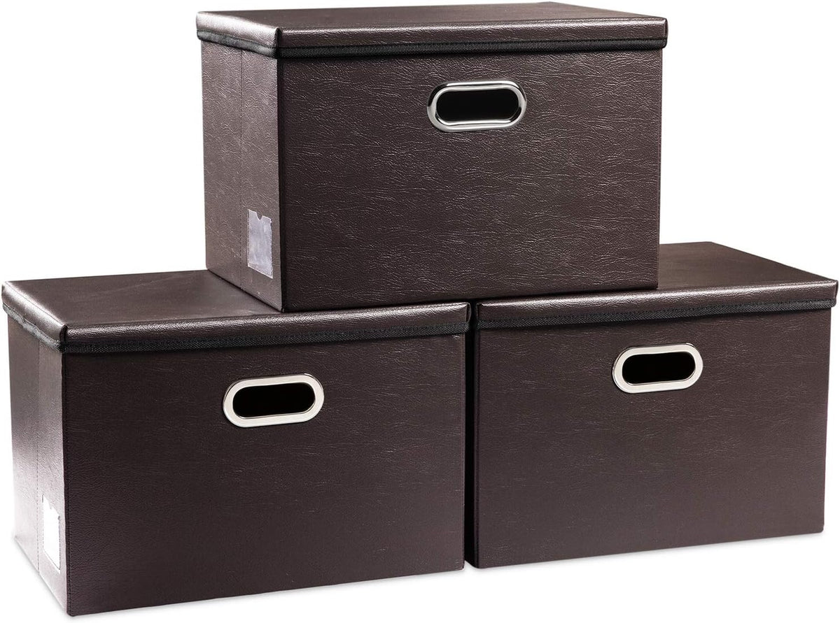 Large Collapsible Storage Bin with Lid Leather Fabric Foldable Storage Box Organizer Containes Basket Cube with Cover for Home Bedroom Closet Office Nursery Black (17.7x11.8x11.8)