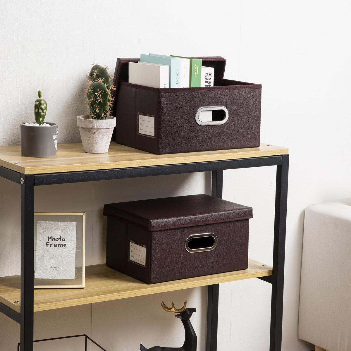 Large Collapsible Storage Bin with Lid Leather Fabric Foldable Storage Box Organizer Containes Basket Cube with Cover for Home Bedroom Closet Office Nursery Black (17.7x11.8x11.8)