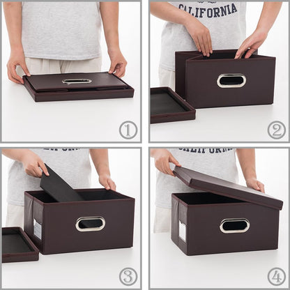 Large Collapsible Storage Bin with Lid Leather Fabric Foldable Storage Box Organizer Containes Basket Cube with Cover for Home Bedroom Closet Office Nursery Black (17.7x11.8x11.8)
