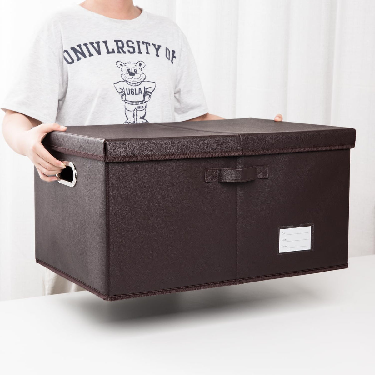 Large Collapsible Storage Bin with Lid Leather Fabric Foldable Storage Box Organizer Containes Basket Cube with Cover for Home Bedroom Closet Office Nursery Black (17.7x11.8x11.8)