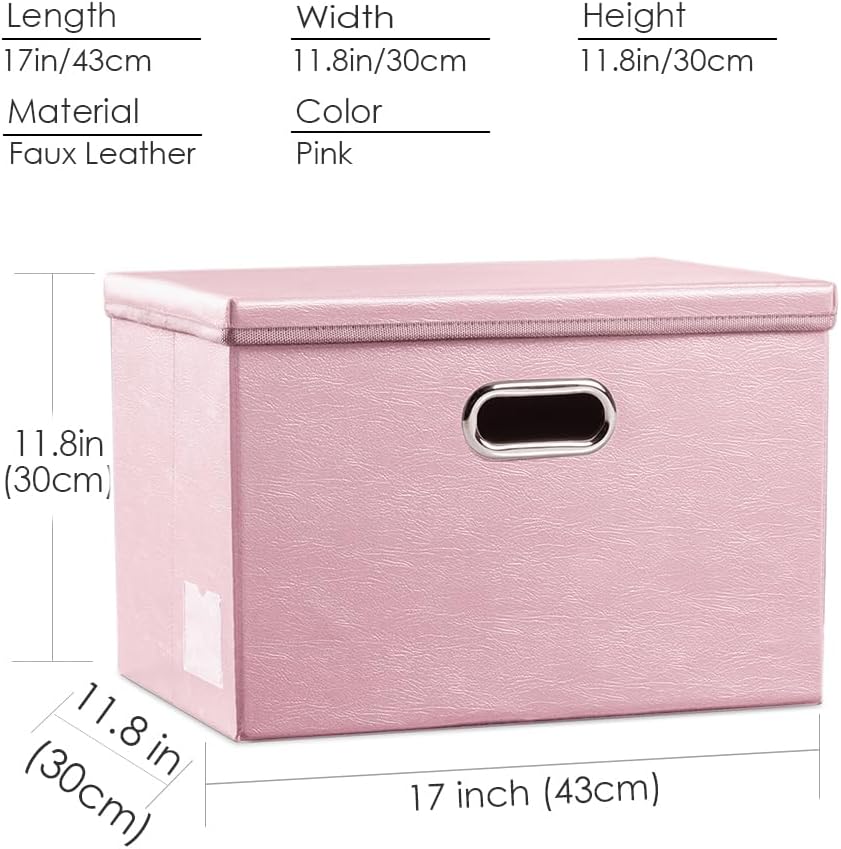 Large Collapsible Storage Bin with Lid Leather Fabric Foldable Storage Box Organizer Containes Basket Cube with Cover for Home Bedroom Closet Office Nursery Black (17.7x11.8x11.8)