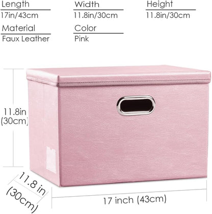 Large Collapsible Storage Bin with Lid Leather Fabric Foldable Storage Box Organizer Containes Basket Cube with Cover for Home Bedroom Closet Office Nursery Black (17.7x11.8x11.8)