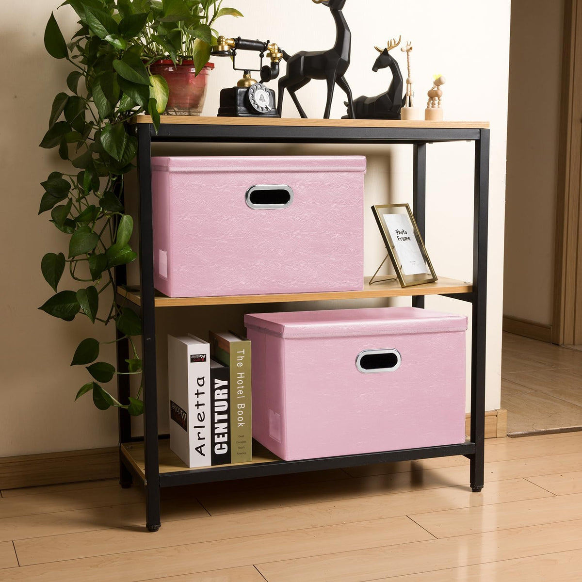 Large Collapsible Storage Bin with Lid Leather Fabric Foldable Storage Box Organizer Containes Basket Cube with Cover for Home Bedroom Closet Office Nursery Black (17.7x11.8x11.8)