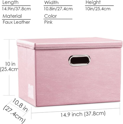 Large Collapsible Storage Bin with Lid Leather Fabric Foldable Storage Box Organizer Containes Basket Cube with Cover for Home Bedroom Closet Office Nursery Black (17.7x11.8x11.8)