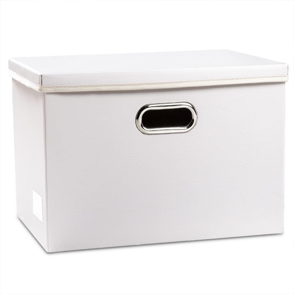 Large Collapsible Storage Bin with Lid Leather Fabric Foldable Storage Box Organizer Containes Basket Cube with Cover for Home Bedroom Closet Office Nursery Black (17.7x11.8x11.8)