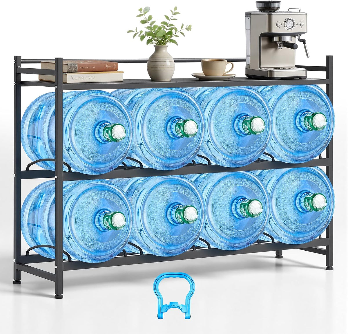5 Gallon Water Jug Holder, 3-Tier 3 or 5 Gallon Water Bottle Holder for 8 Bottles, Heavy Duty Jug Rack Organizer with Storage Shelf, Handle, for Home, Office, Restaurant, Gym, Black