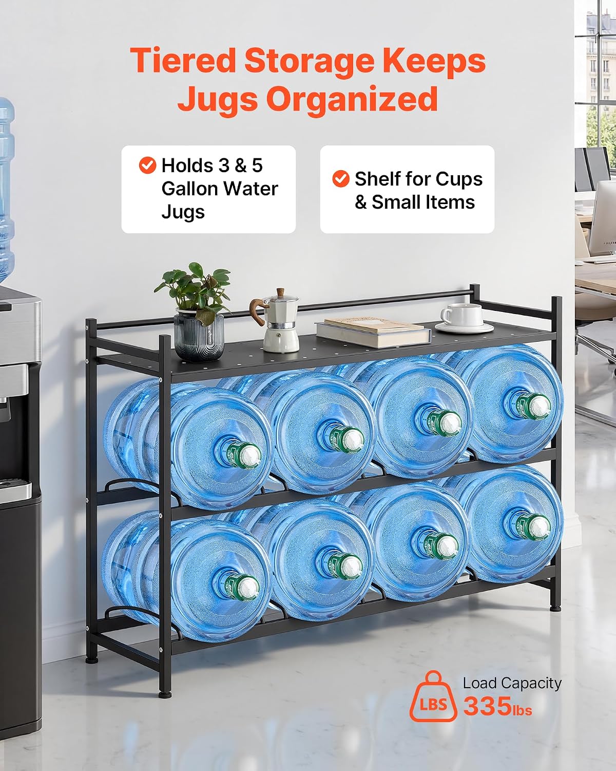 5 Gallon Water Jug Holder, 3-Tier 3 or 5 Gallon Water Bottle Holder for 8 Bottles, Heavy Duty Jug Rack Organizer with Storage Shelf, Handle, for Home, Office, Restaurant, Gym, Black