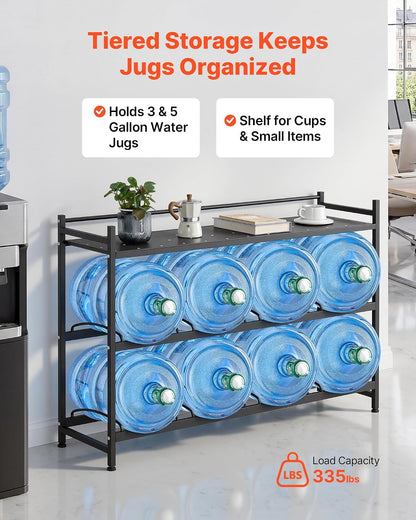 5 Gallon Water Jug Holder, 3-Tier 3 or 5 Gallon Water Bottle Holder for 8 Bottles, Heavy Duty Jug Rack Organizer with Storage Shelf, Handle, for Home, Office, Restaurant, Gym, Black