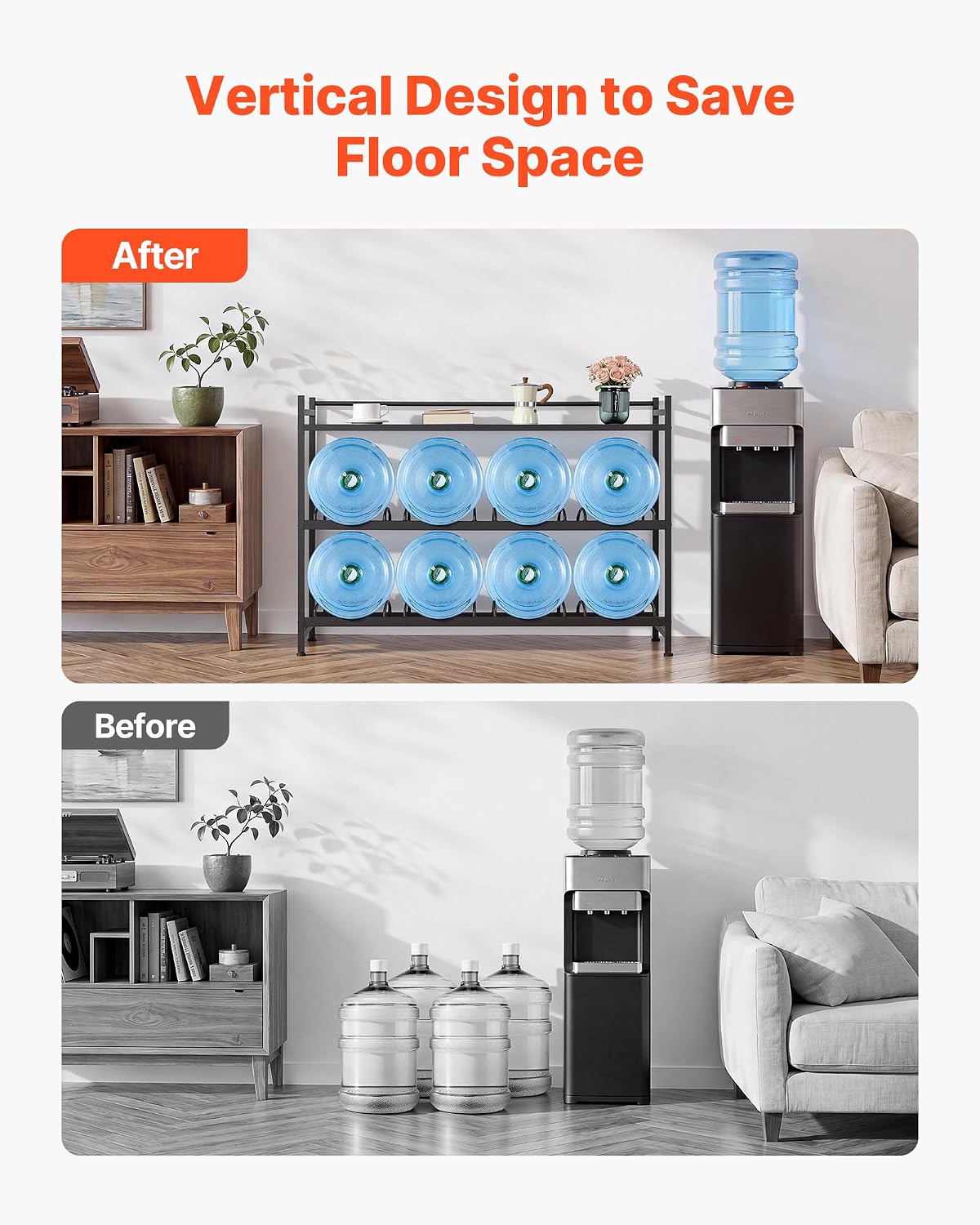 5 Gallon Water Jug Holder, 3-Tier 3 or 5 Gallon Water Bottle Holder for 8 Bottles, Heavy Duty Jug Rack Organizer with Storage Shelf, Handle, for Home, Office, Restaurant, Gym, Black
