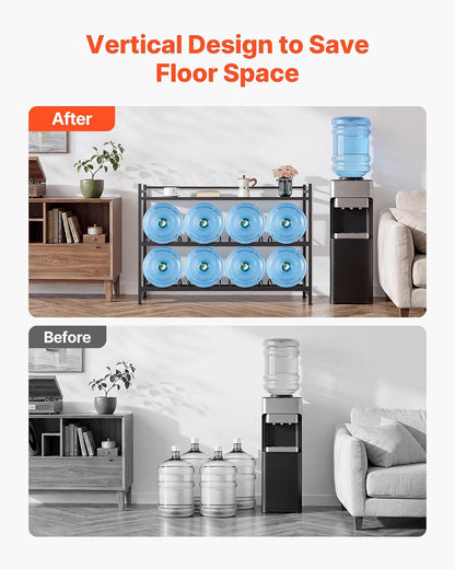 5 Gallon Water Jug Holder, 3-Tier 3 or 5 Gallon Water Bottle Holder for 8 Bottles, Heavy Duty Jug Rack Organizer with Storage Shelf, Handle, for Home, Office, Restaurant, Gym, Black