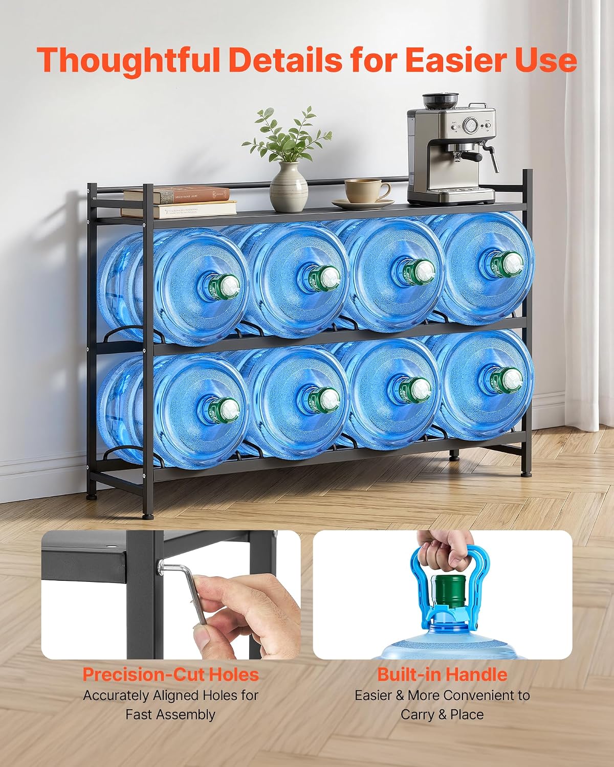 5 Gallon Water Jug Holder, 3-Tier 3 or 5 Gallon Water Bottle Holder for 8 Bottles, Heavy Duty Jug Rack Organizer with Storage Shelf, Handle, for Home, Office, Restaurant, Gym, Black