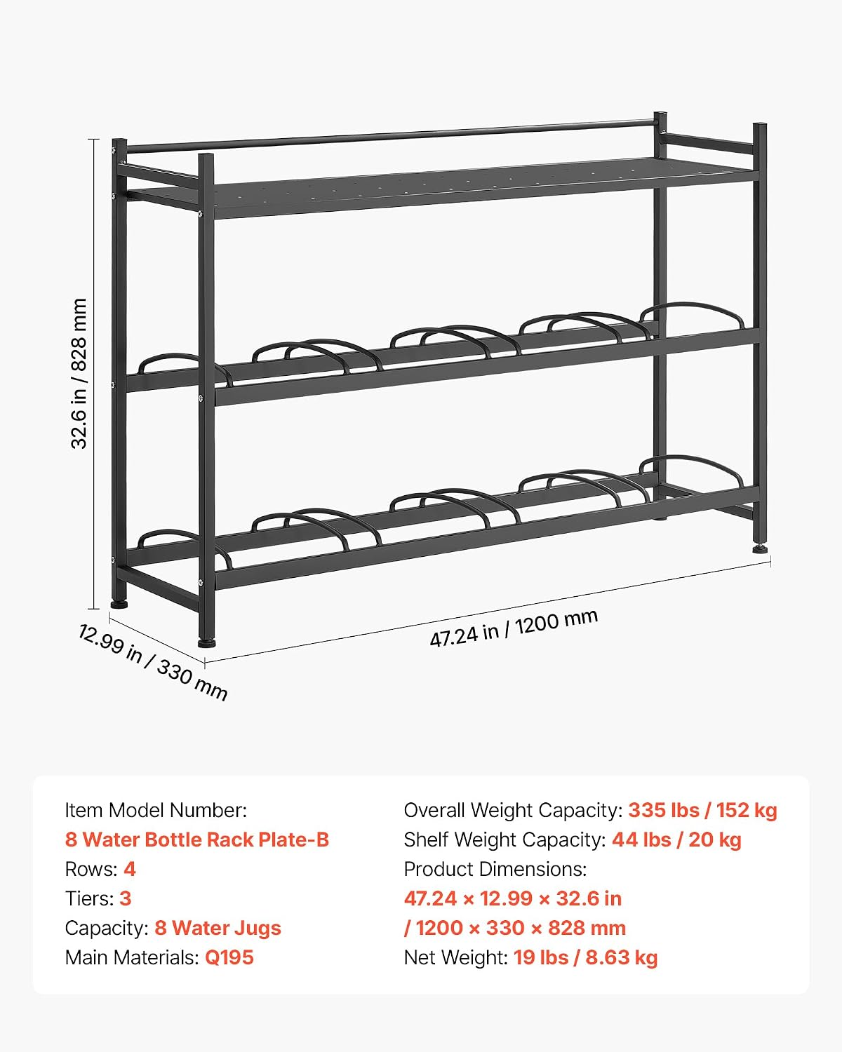 5 Gallon Water Jug Holder, 3-Tier 3 or 5 Gallon Water Bottle Holder for 8 Bottles, Heavy Duty Jug Rack Organizer with Storage Shelf, Handle, for Home, Office, Restaurant, Gym, Black