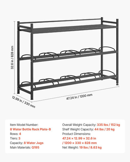 5 Gallon Water Jug Holder, 3-Tier 3 or 5 Gallon Water Bottle Holder for 8 Bottles, Heavy Duty Jug Rack Organizer with Storage Shelf, Handle, for Home, Office, Restaurant, Gym, Black