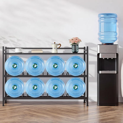 5 Gallon Water Jug Holder, 3-Tier 3 or 5 Gallon Water Bottle Holder for 8 Bottles, Heavy Duty Jug Rack Organizer with Storage Shelf, Handle, for Home, Office, Restaurant, Gym, Black