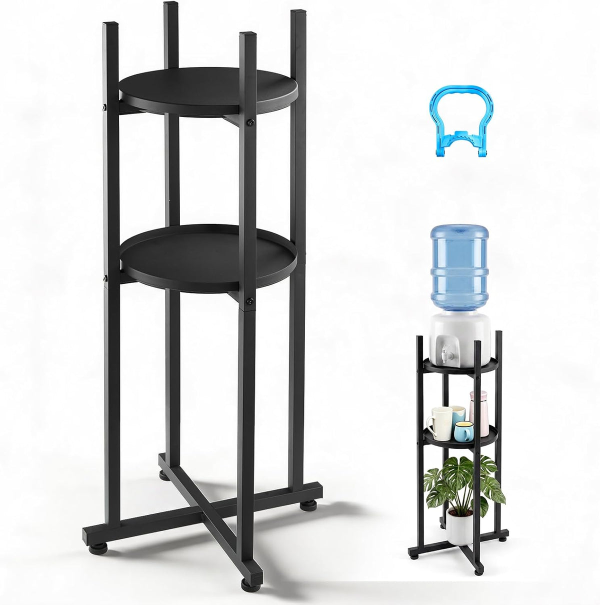 5 Gallon Water Jug Holder, 3-Tier 3 or 5 Gallon Water Bottle Holder for 8 Bottles, Heavy Duty Jug Rack Organizer with Storage Shelf, Handle, for Home, Office, Restaurant, Gym, Black
