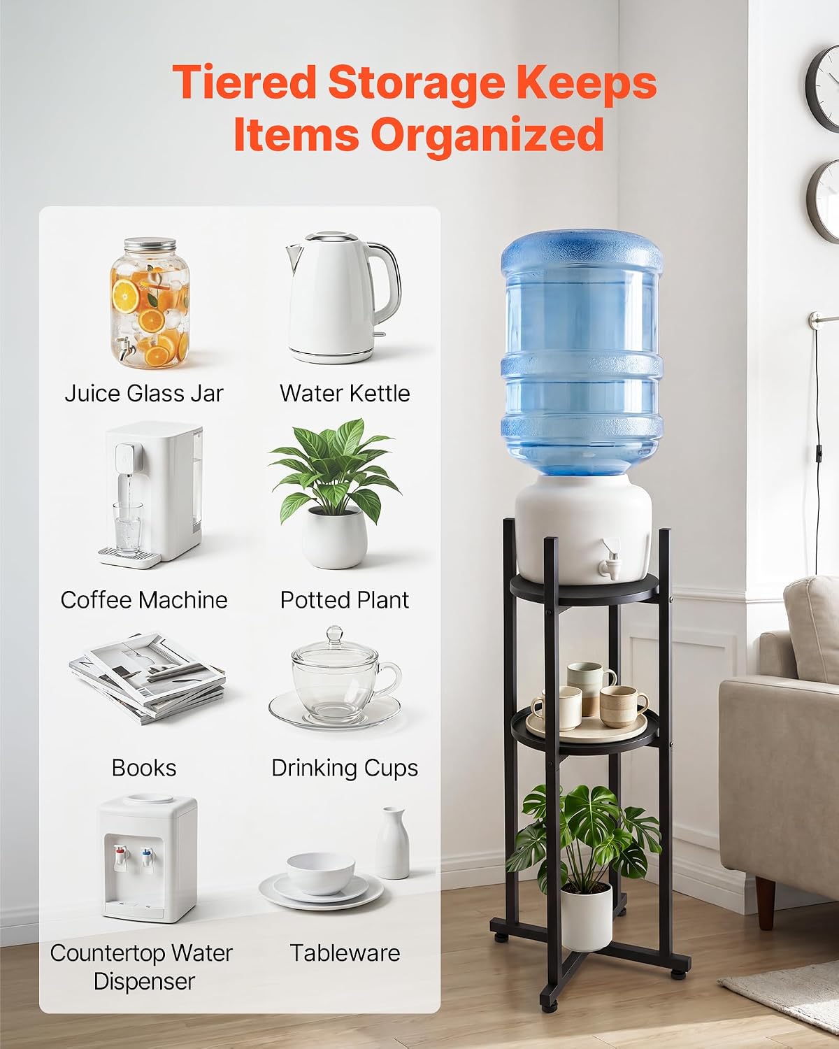 5 Gallon Water Jug Holder, 3-Tier 3 or 5 Gallon Water Bottle Holder for 8 Bottles, Heavy Duty Jug Rack Organizer with Storage Shelf, Handle, for Home, Office, Restaurant, Gym, Black