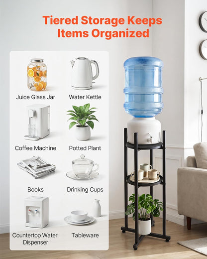 5 Gallon Water Jug Holder, 3-Tier 3 or 5 Gallon Water Bottle Holder for 8 Bottles, Heavy Duty Jug Rack Organizer with Storage Shelf, Handle, for Home, Office, Restaurant, Gym, Black
