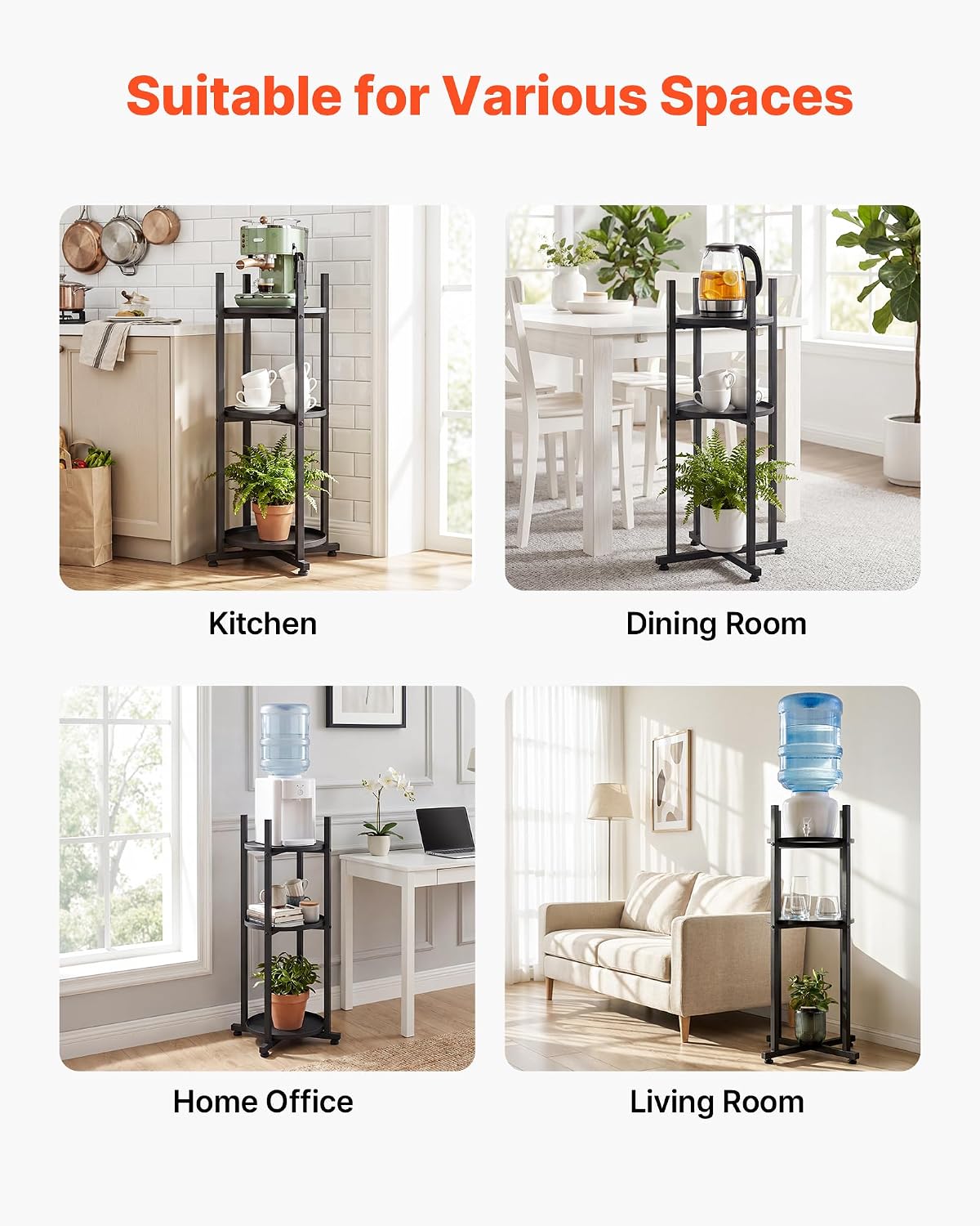 5 Gallon Water Jug Holder, 3-Tier 3 or 5 Gallon Water Bottle Holder for 8 Bottles, Heavy Duty Jug Rack Organizer with Storage Shelf, Handle, for Home, Office, Restaurant, Gym, Black