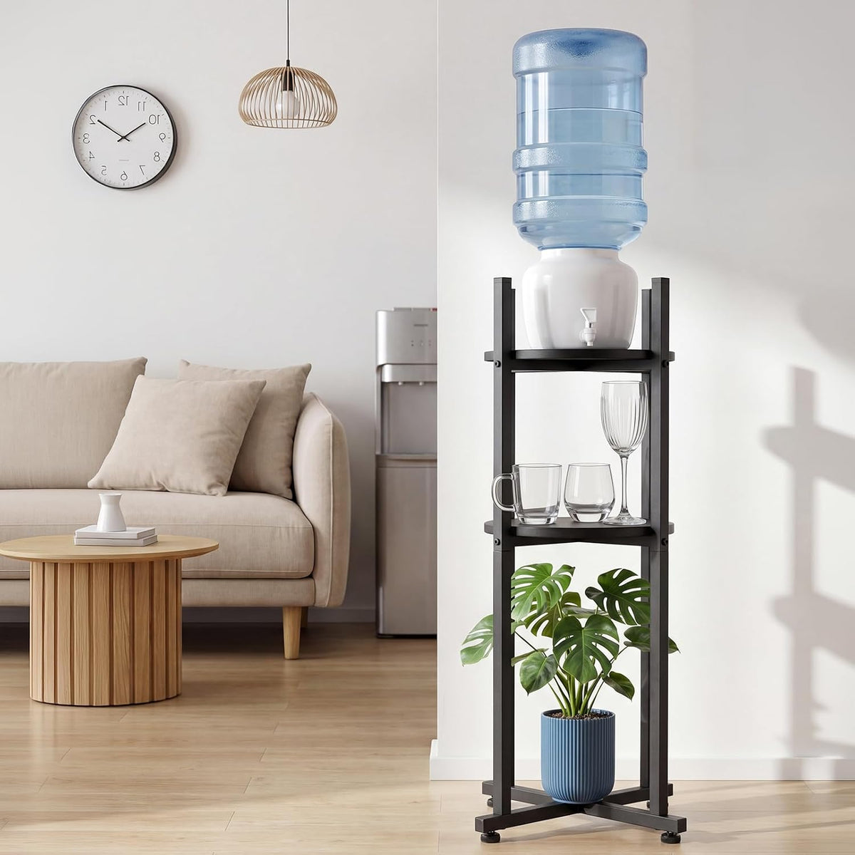5 Gallon Water Jug Holder, 3-Tier 3 or 5 Gallon Water Bottle Holder for 8 Bottles, Heavy Duty Jug Rack Organizer with Storage Shelf, Handle, for Home, Office, Restaurant, Gym, Black