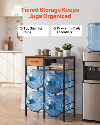 5 Gallon Water Jug Holder, 3-Tier 3 or 5 Gallon Water Bottle Holder for 8 Bottles, Heavy Duty Jug Rack Organizer with Storage Shelf, Handle, for Home, Office, Restaurant, Gym, Black