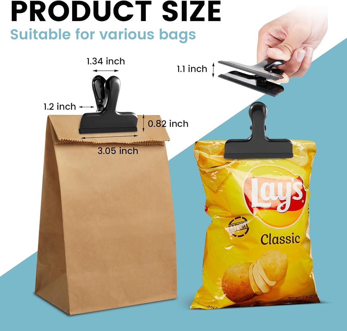 12 Pack Stainless Steel Chip Bag Clips Covered with Silicone - NO More Sharp Edges - Color Coded for Food Bags - Air Tight Seal, Heavy Duty for Kitchen and Office, 3 Inches