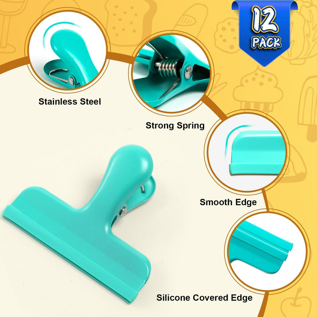 12 Pack Stainless Steel Chip Bag Clips Covered with Silicone - NO More Sharp Edges - Color Coded for Food Bags - Air Tight Seal, Heavy Duty for Kitchen and Office, 3 Inches
