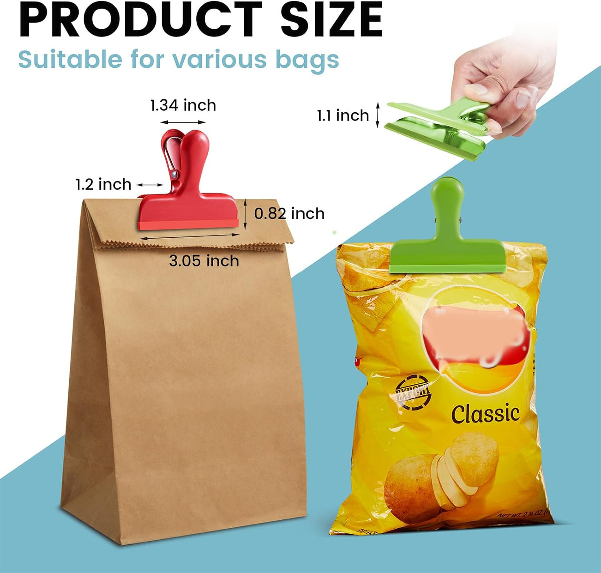 12 Pack Stainless Steel Chip Bag Clips Covered with Silicone - NO More Sharp Edges - Color Coded for Food Bags - Air Tight Seal, Heavy Duty for Kitchen and Office, 3 Inches