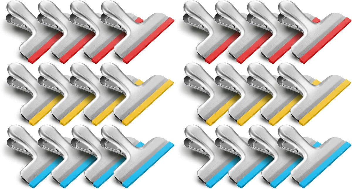 12 Pack Stainless Steel Chip Bag Clips Covered with Silicone - NO More Sharp Edges - Color Coded for Food Bags - Air Tight Seal, Heavy Duty for Kitchen and Office, 3 Inches