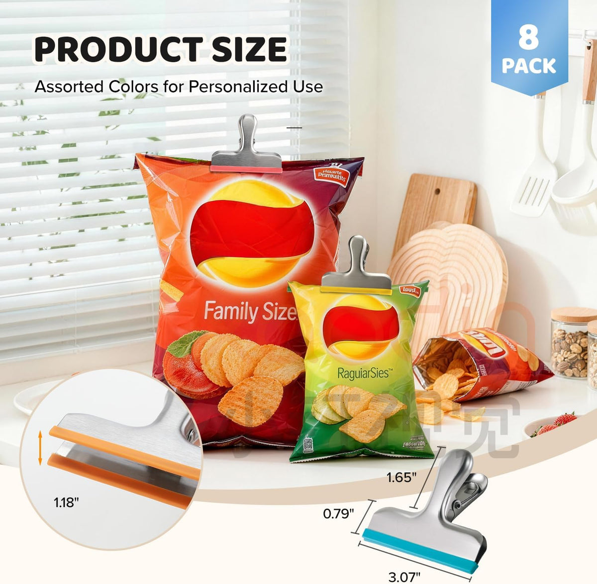 12 Pack Stainless Steel Chip Bag Clips Covered with Silicone - NO More Sharp Edges - Color Coded for Food Bags - Air Tight Seal, Heavy Duty for Kitchen and Office, 3 Inches
