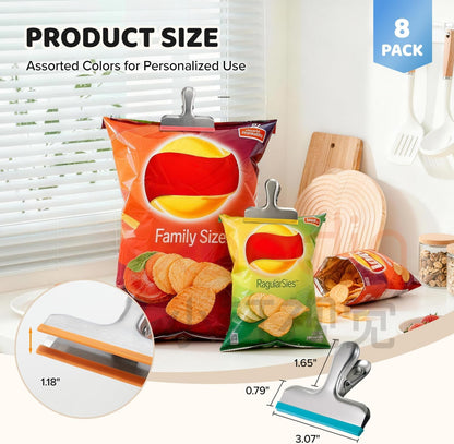 12 Pack Stainless Steel Chip Bag Clips Covered with Silicone - NO More Sharp Edges - Color Coded for Food Bags - Air Tight Seal, Heavy Duty for Kitchen and Office, 3 Inches
