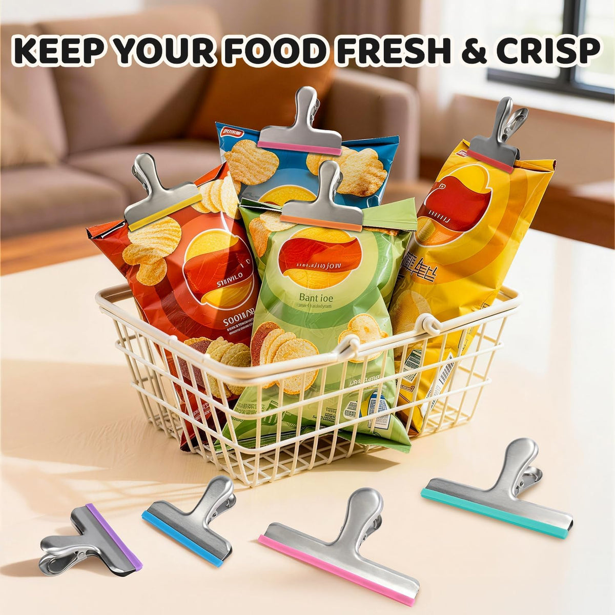 12 Pack Stainless Steel Chip Bag Clips Covered with Silicone - NO More Sharp Edges - Color Coded for Food Bags - Air Tight Seal, Heavy Duty for Kitchen and Office, 3 Inches