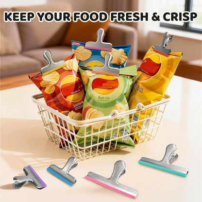 12 Pack Stainless Steel Chip Bag Clips Covered with Silicone - NO More Sharp Edges - Color Coded for Food Bags - Air Tight Seal, Heavy Duty for Kitchen and Office, 3 Inches
