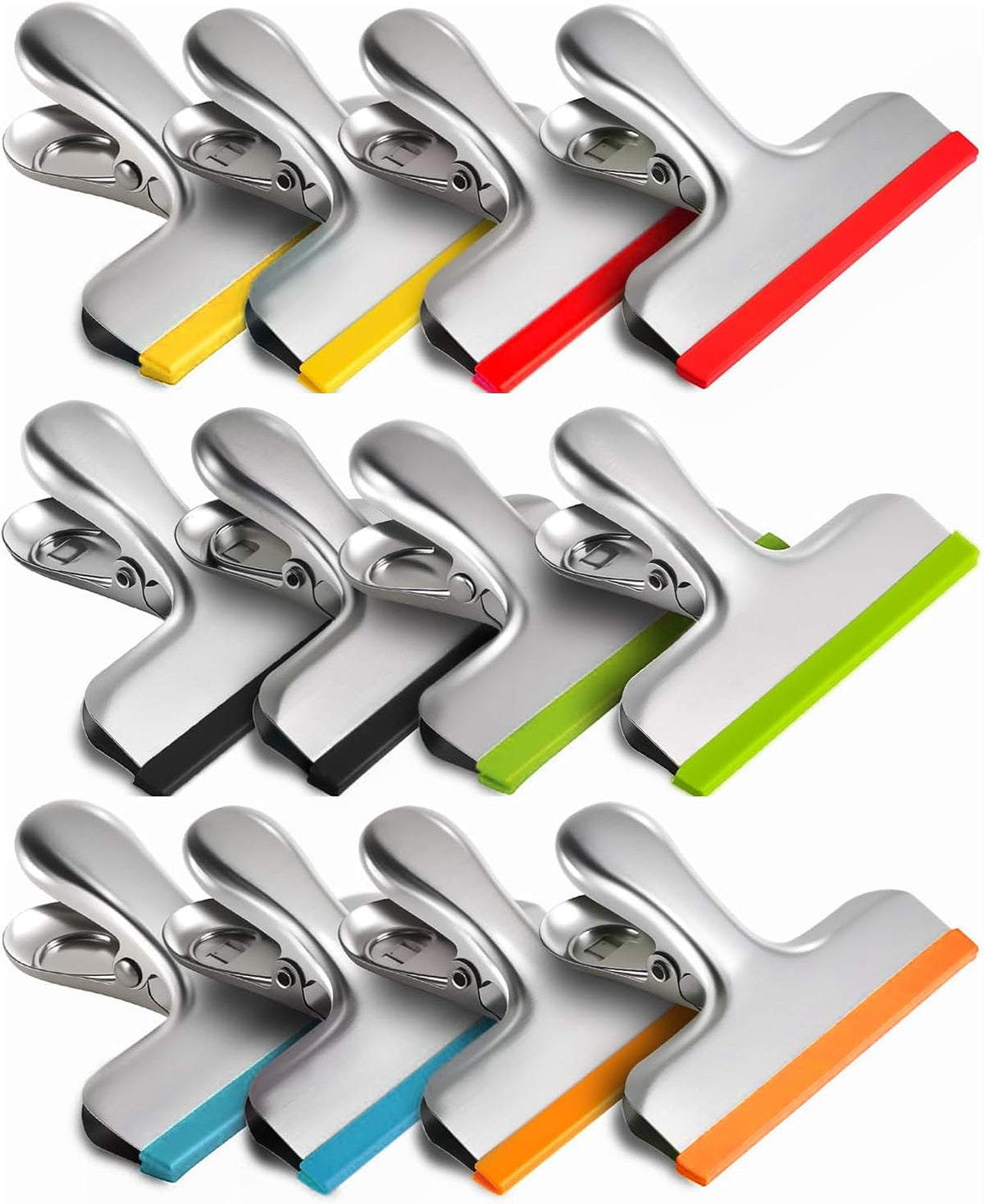 12 Pack Stainless Steel Chip Bag Clips Covered with Silicone - NO More Sharp Edges - Color Coded for Food Bags - Air Tight Seal, Heavy Duty for Kitchen and Office, 3 Inches