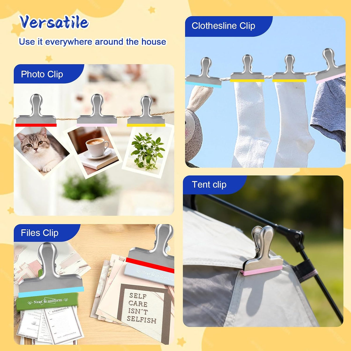 12 Pack Stainless Steel Chip Bag Clips Covered with Silicone - NO More Sharp Edges - Color Coded for Food Bags - Air Tight Seal, Heavy Duty for Kitchen and Office, 3 Inches