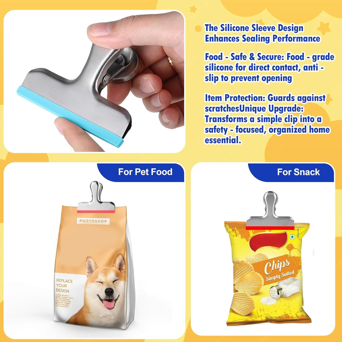 12 Pack Stainless Steel Chip Bag Clips Covered with Silicone - NO More Sharp Edges - Color Coded for Food Bags - Air Tight Seal, Heavy Duty for Kitchen and Office, 3 Inches