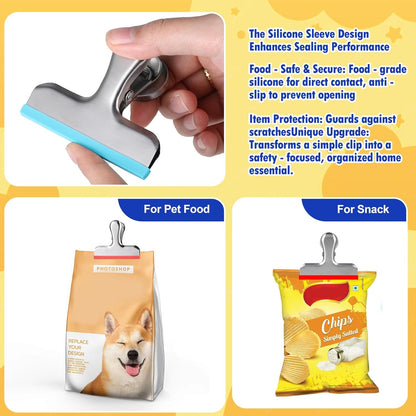 12 Pack Stainless Steel Chip Bag Clips Covered with Silicone - NO More Sharp Edges - Color Coded for Food Bags - Air Tight Seal, Heavy Duty for Kitchen and Office, 3 Inches