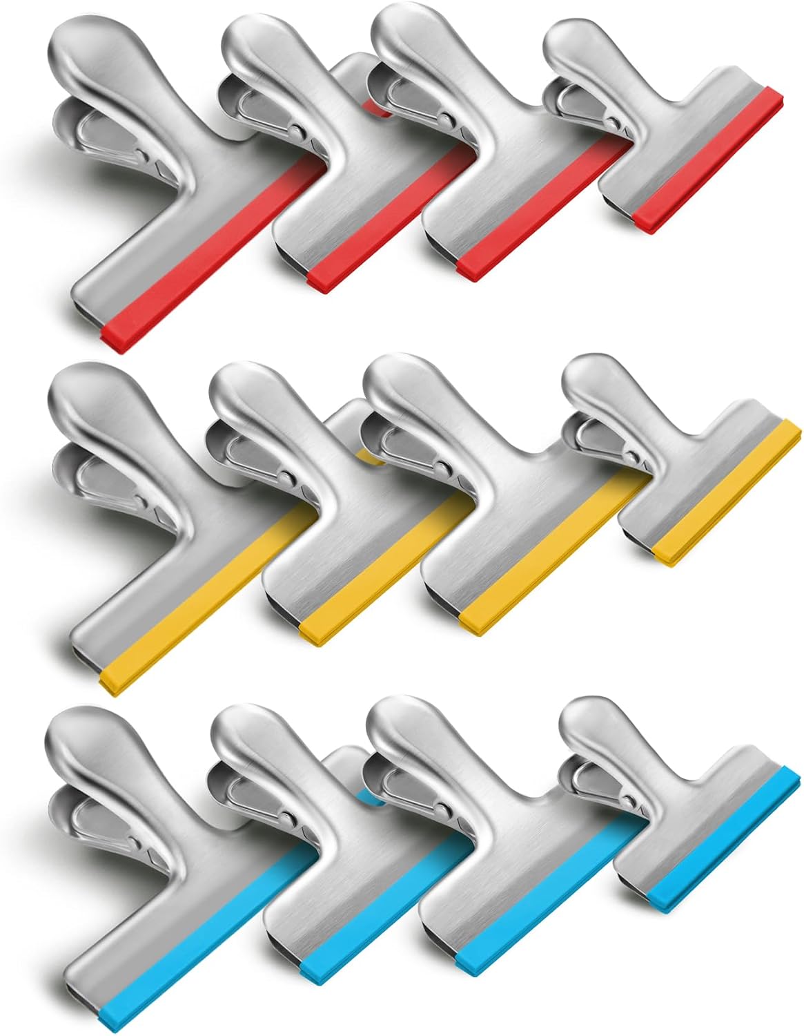 12 Pack Stainless Steel Chip Bag Clips Covered with Silicone - NO More Sharp Edges - Color Coded for Food Bags - Air Tight Seal, Heavy Duty for Kitchen and Office, 3 Inches