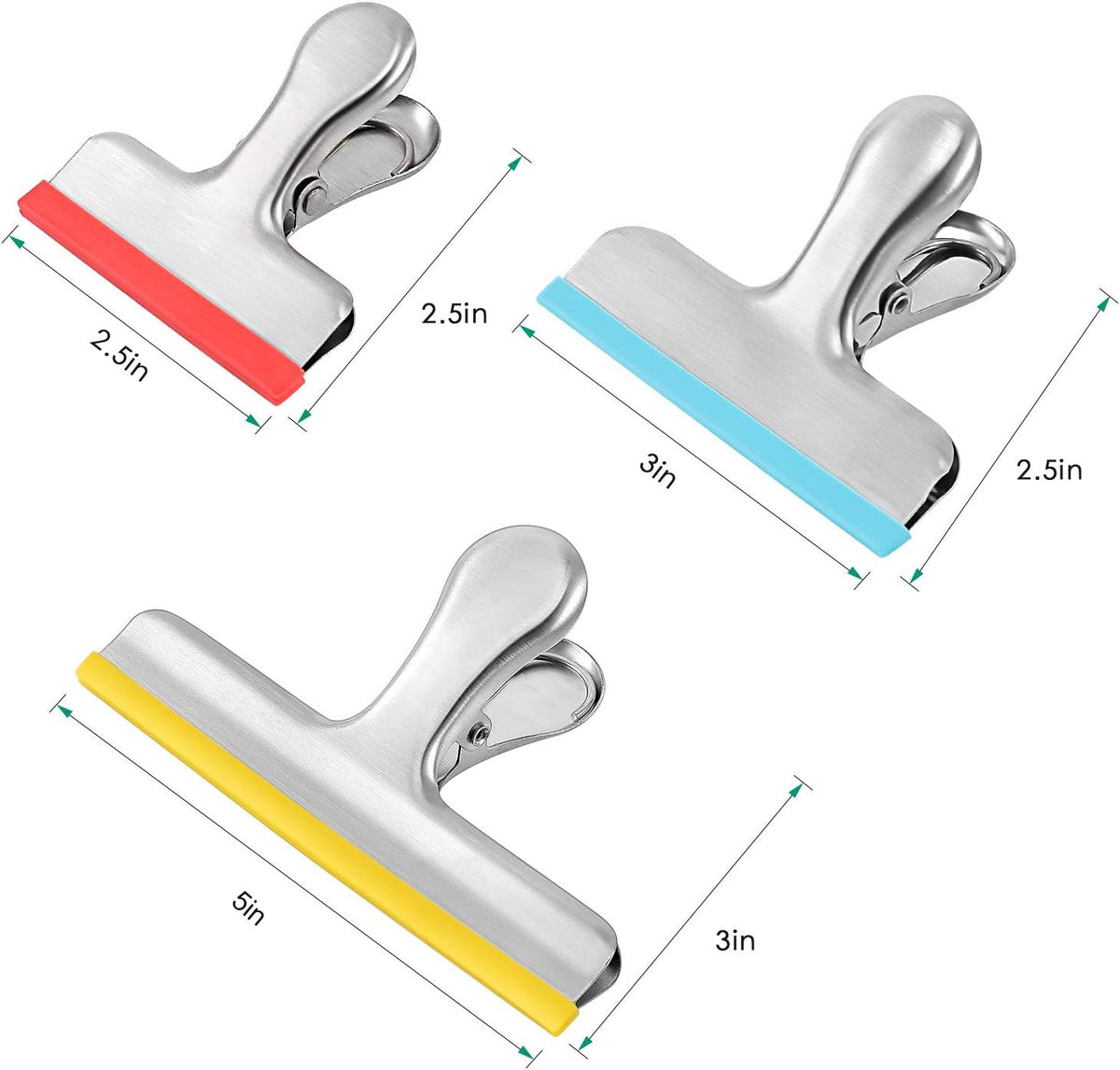 12 Pack Stainless Steel Chip Bag Clips Covered with Silicone - NO More Sharp Edges - Color Coded for Food Bags - Air Tight Seal, Heavy Duty for Kitchen and Office, 3 Inches