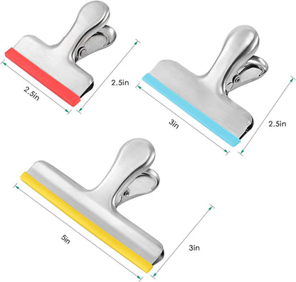 12 Pack Stainless Steel Chip Bag Clips Covered with Silicone - NO More Sharp Edges - Color Coded for Food Bags - Air Tight Seal, Heavy Duty for Kitchen and Office, 3 Inches