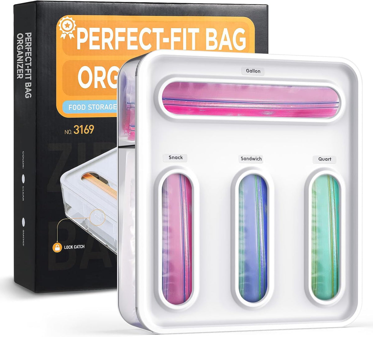 Bag Organizer for Drawer + Fridge, Magnetic Kitchen Baggie Storage | Pantry Organization for Ziplock Plastic Food Bags | Compatible with Snack Sandwich Quart Gallon (White)